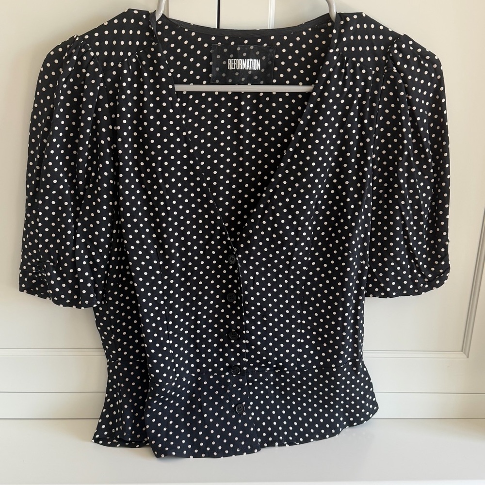 Reformation Black & White Polka Dot V-Neck Puff Sleeve Blouse